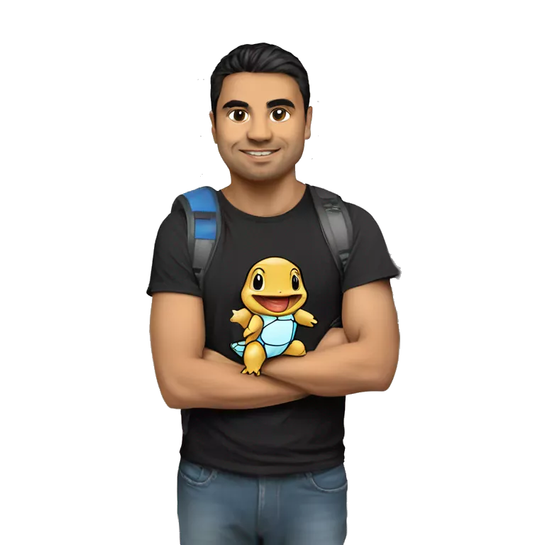colombian software engineer with a squirtle and a mac. wearing a metallica t-shirt