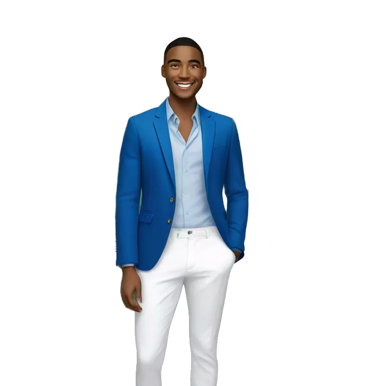 A portrait of a smiling young man wearing a blue blazer and white pants, standing in a lush, tropical garden setting with palm leaves and colorful foliage in the background.