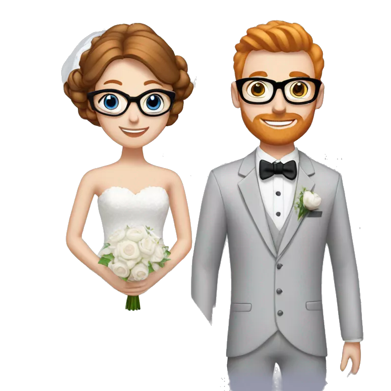 A bride and groom. Bride has brown hair in a bun, blue eyes, wears a lace dress. Groom has ginger hair, wears black glasses