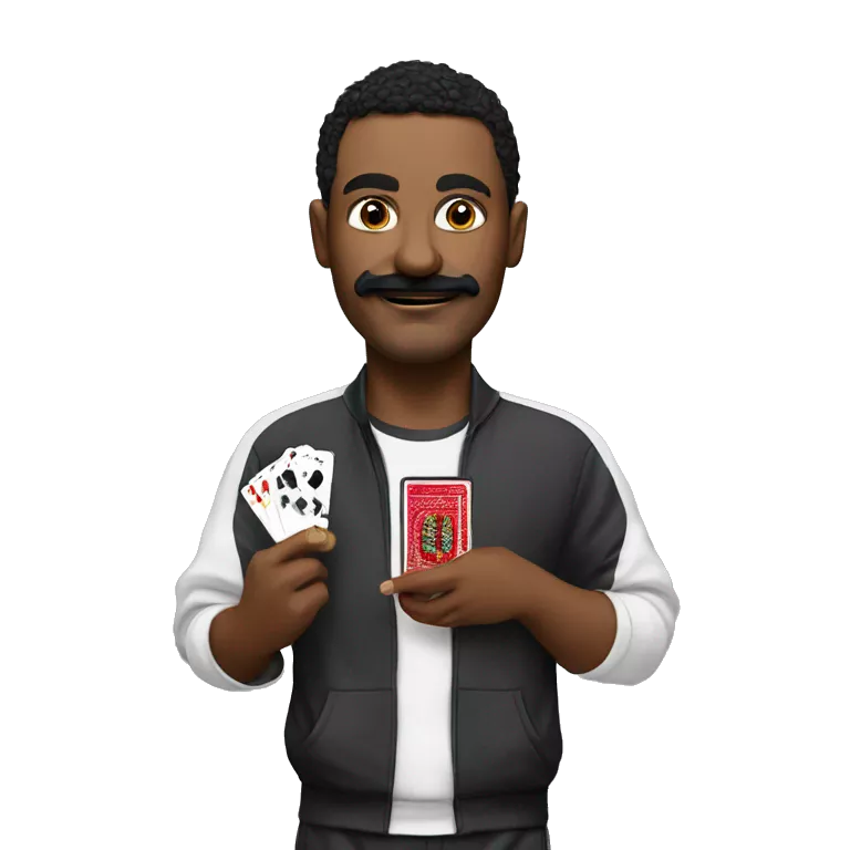 man,  with black moustache, a sly smirk, wearing track suit, with cash and playing cards in his hands
