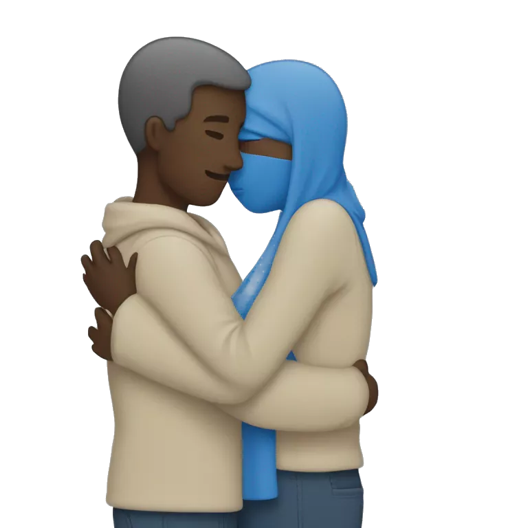 Two people hugging, shown as faceless blue forms on most platforms. Details of each person are not distinct and thus no options are available to customize the gender or skin tone of either individual.