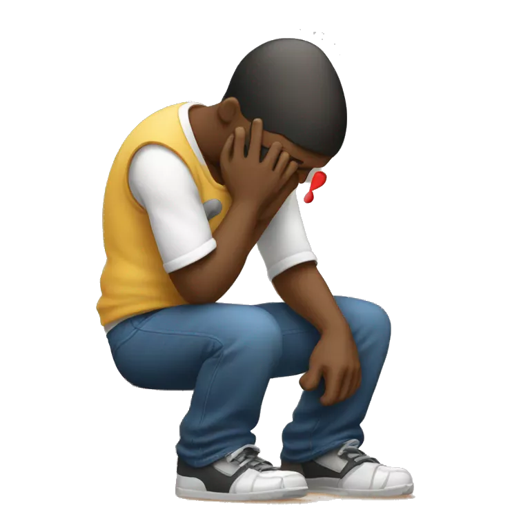 A man kneeling and crying while trying to repair his girlfriend's broken heart. The heart should be depicted as a broken emoji heart, emphasizing the emotional scene.