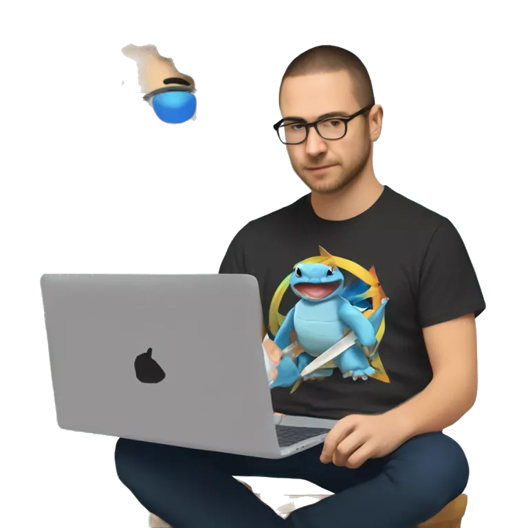 a colombian software engineer wearing a t-shirt with the band metallica. the engineer is writting on a laptop. next to the engineer is a squirtle pokemon that is his pet