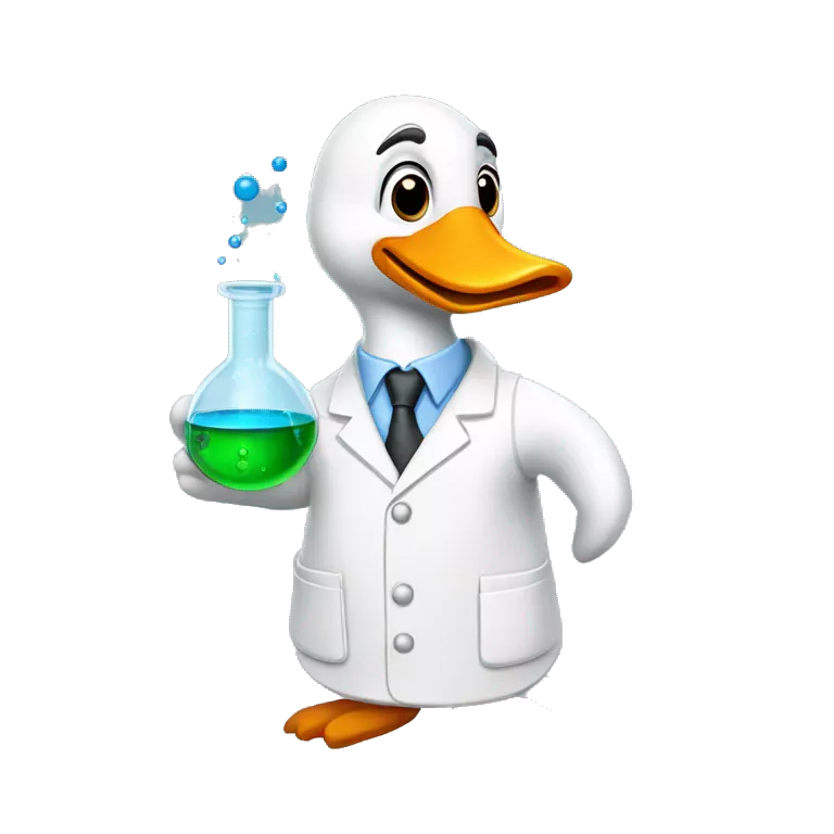 Goose wearing chemistry lab coat and has flask with chemicals