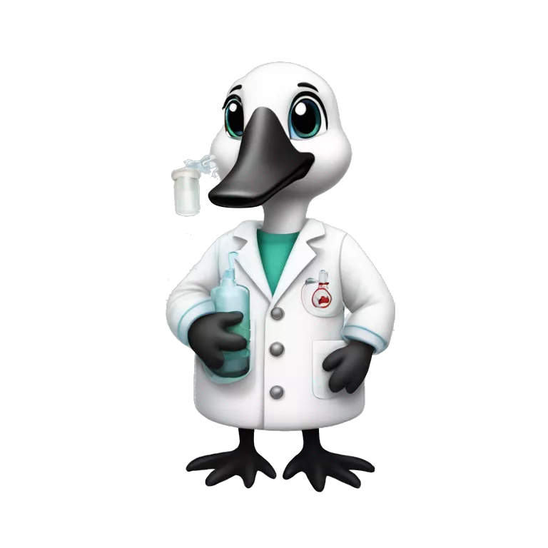 Canada goose wearing chemistry lab coat and has flask with chemicals