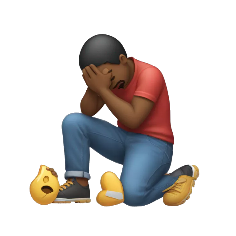 A man kneeling and crying while trying to repair his girlfriend's broken heart. The heart should be depicted as a broken emoji heart, emphasizing the emotional scene.