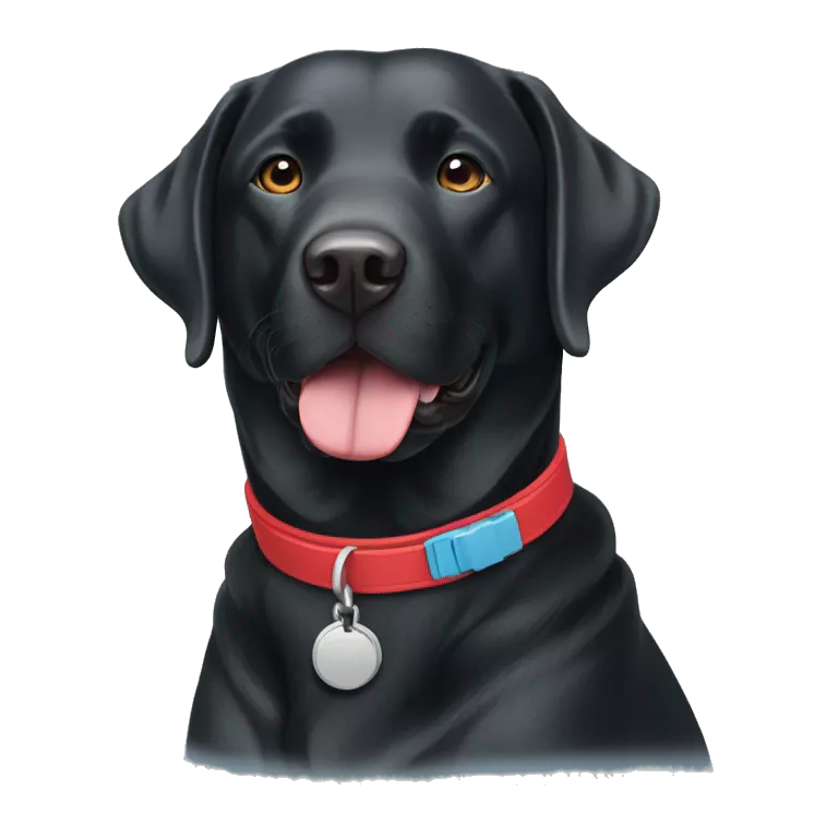 one happy adult BLACK labrador with a red collar next to another happy adult BLACK labradors with a light blue collar.