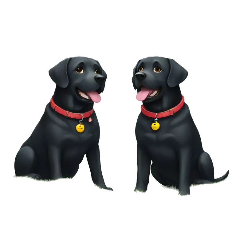 TWO happy adult BLACK labradors. one with a red collar next to another happy adult BLACK labradors with a light blue collar.
