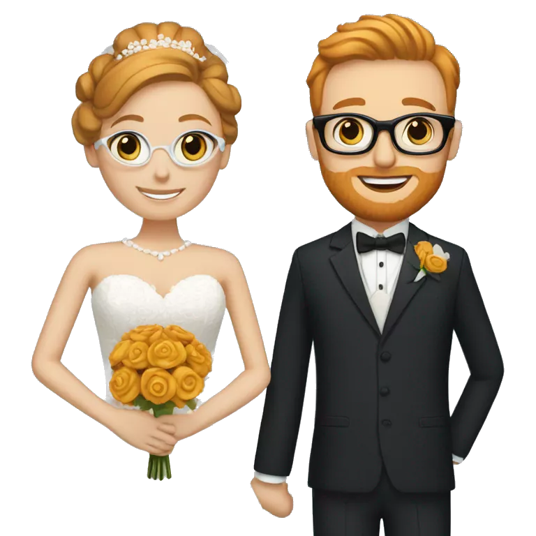 A bride and groom. Bride has dark blonde hair in a bun, blue eyes, wears a lace dress. Groom has ginger hair, wears black glasses, and a dark blue suit