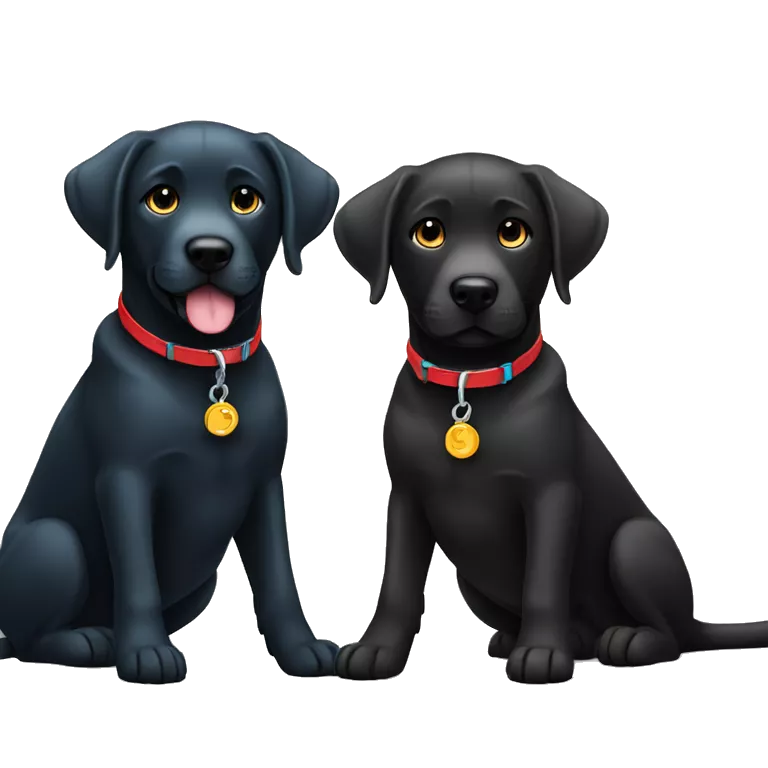 black-coloured labrador on the left with red collar, black-coloured labrador on the right with light blue collar.