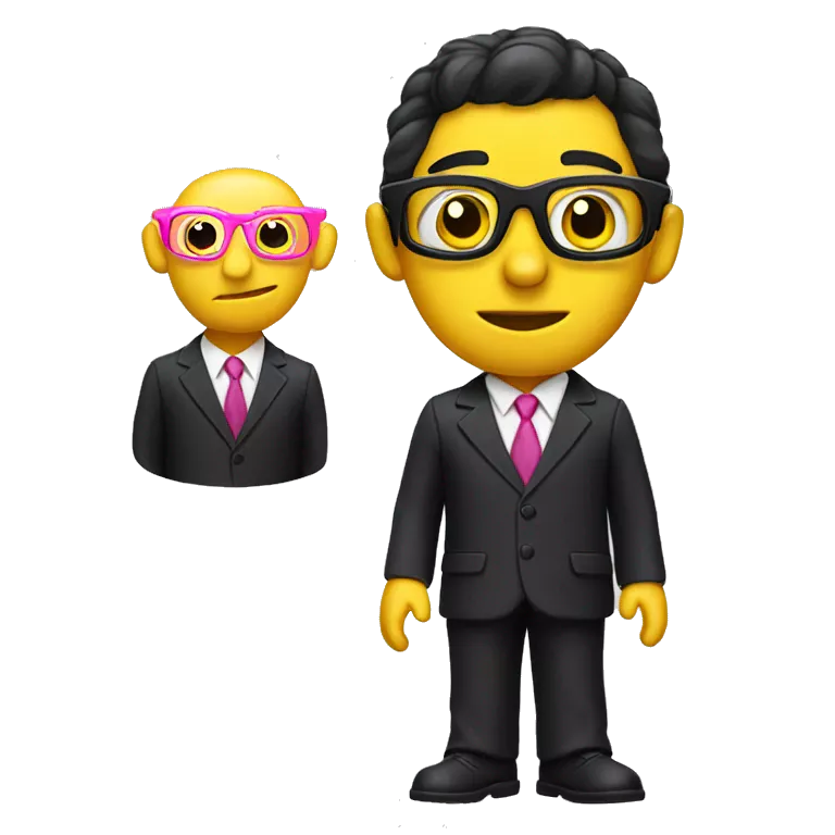 white pinocchio puppet with pink an yellow glasses, a big nose, black hair and a business suit.