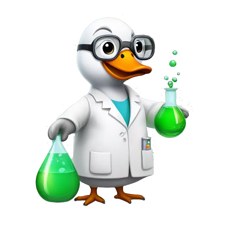 Goose wearing chemistry lab coat goggles and has flask with chemicals
