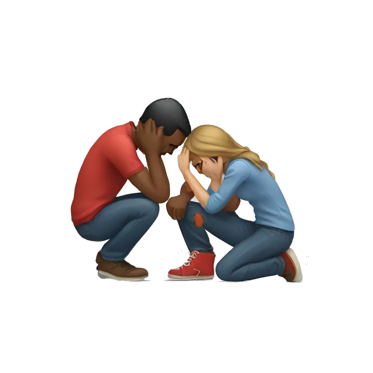A man kneeling and crying while trying to repair his girlfriend's broken heart. The heart should be depicted as a broken emoji heart, emphasizing the emotional scene.
