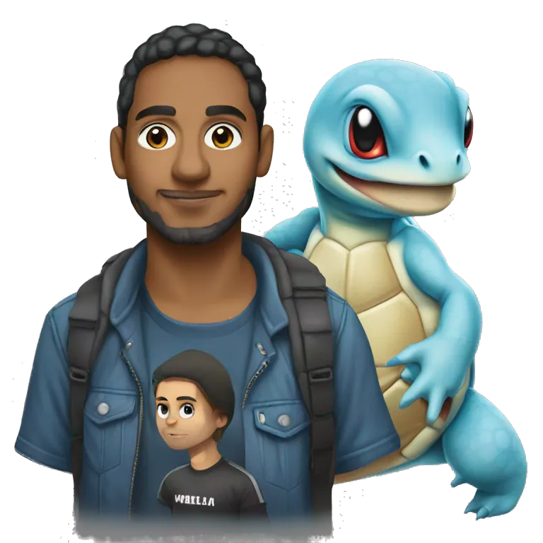 colombian software engineer with a squirtle and a mac. wearing a metallica t-shirt
