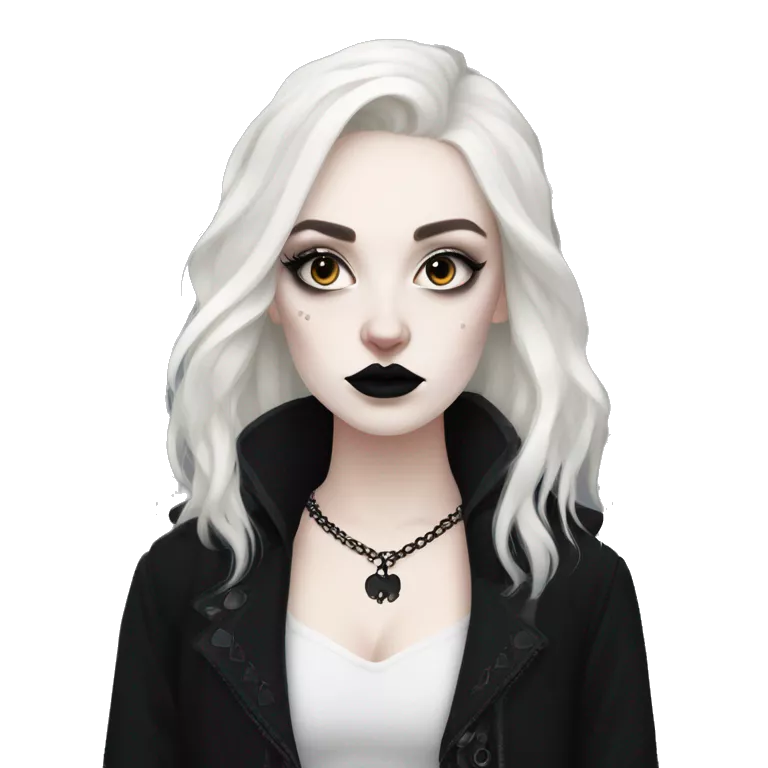 Goth girl, dressed in black, pale skin, trad goth makeup, big eyeliner, white foundation, batmests, black, thick hair