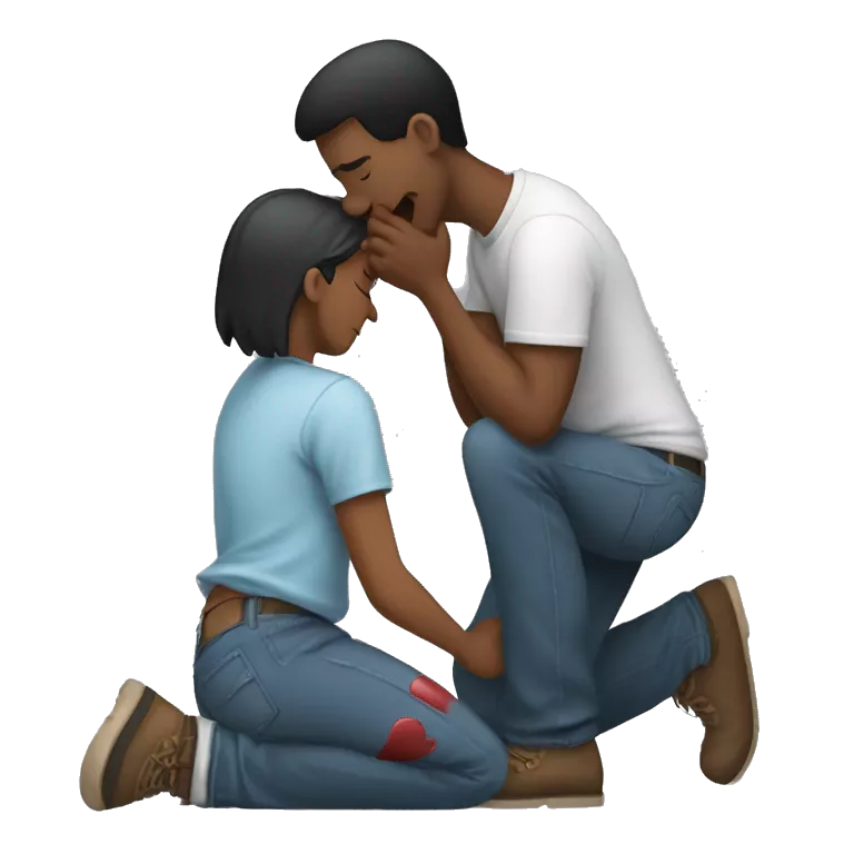 A man kneeling and crying while trying to repair his girlfriend's broken heart. The heart should be depicted as a broken emoji heart, emphasizing the emotional scene.