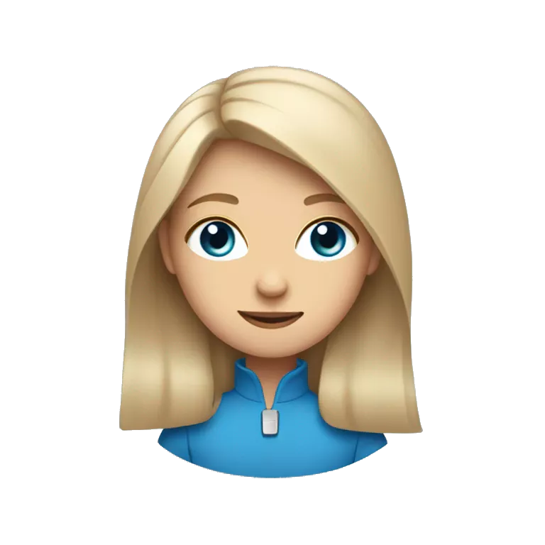 a girl with a two nate on each side is a lock of hair that sticks out in front, beige skin, blue eyes, thin face and thin eyes