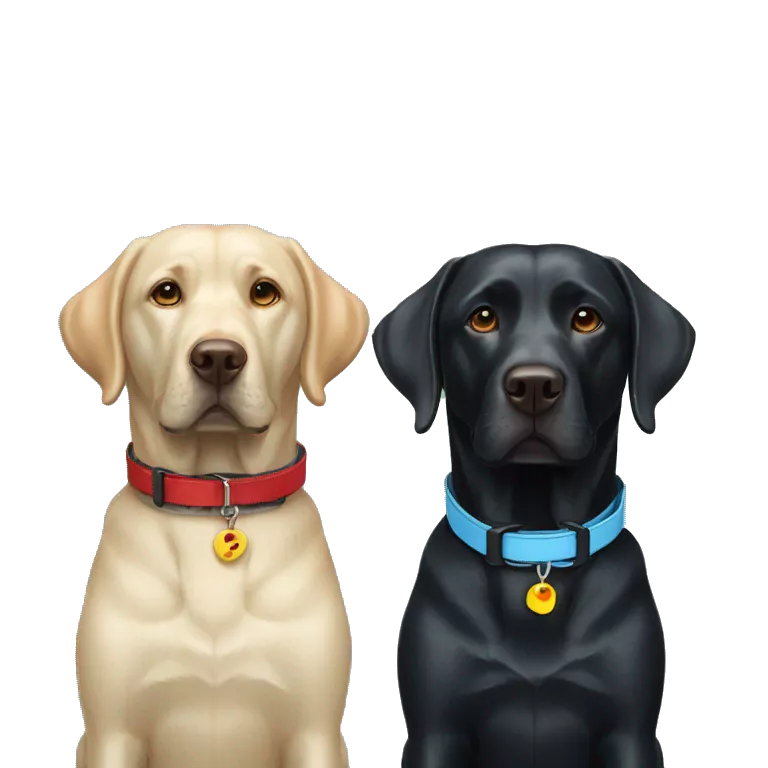 one black labrador with a light blue collar next to one black labrador with red collar