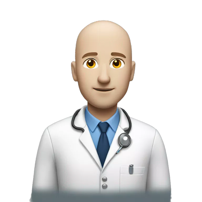 Health insurance agent with semi-bald head, white-skinned, no eyeglasses, white coat with blue polo inside