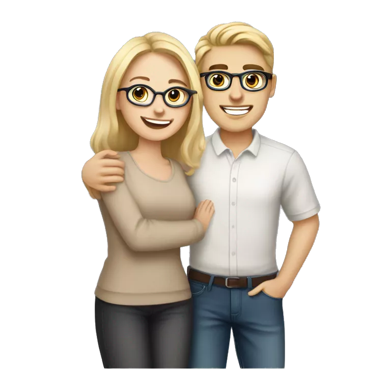 hugging couple, pretty young blonde woman with fair skin and handsome brunette wearing transparent glasses with light skin color