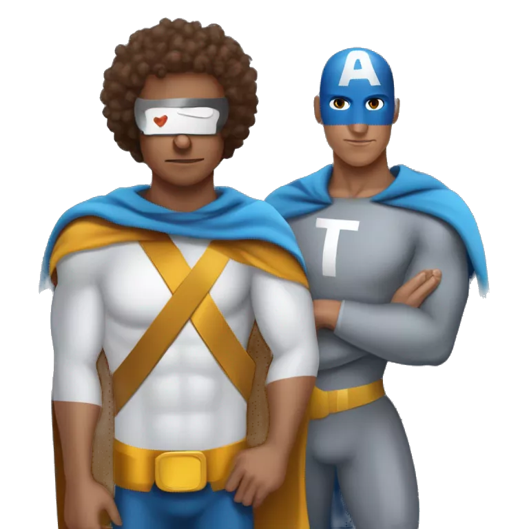 curly brown hair man and pigeon man with letter 'T' on the chest crossover as superhero. superpower = design