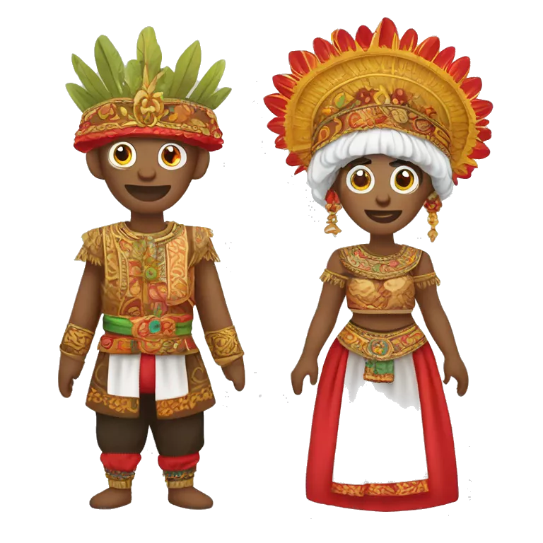 Create an emoji set for the traditional Indonesian ondel-ondel puppets. The male has a red face and fierce features, the female a white face and soft features. Both wear vibrant Betawi clothing and tall, crown-like headdresses with colorful decorations.