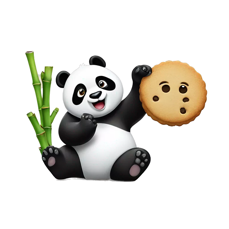 A panda waving hand with a cookie in the waving hand and bamboo in the other
