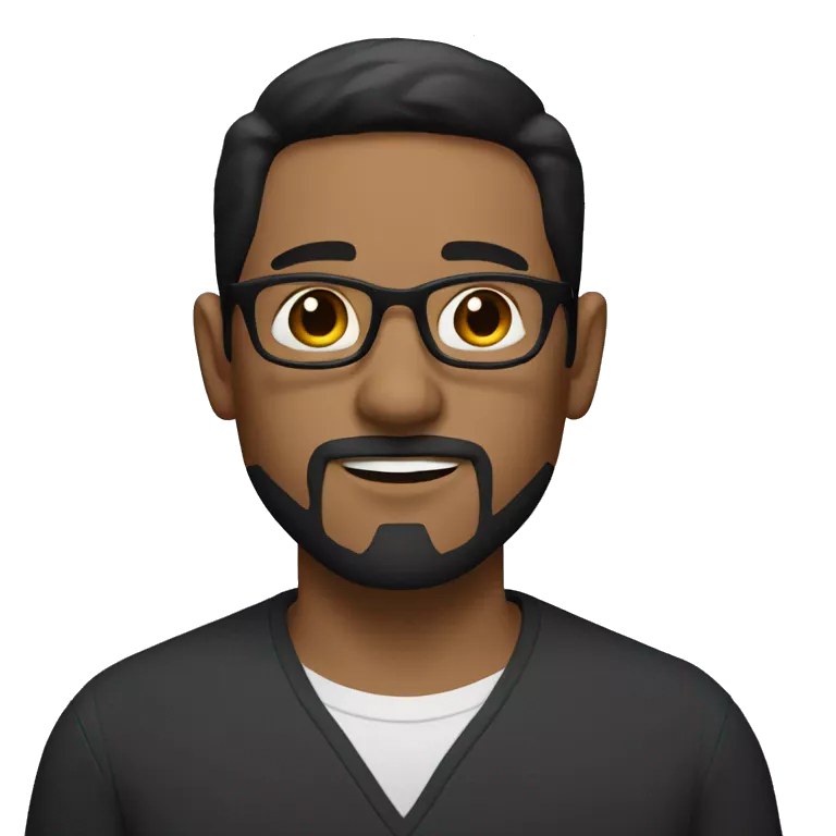 a white man with black short hair, glasses, brown eyes and a dark short mustache and a goatee.