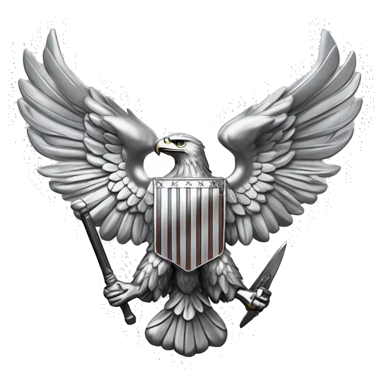 Create an emoji of a silver US Army O-6 Colonel insignia: a detailed silver eagle with outstretched wings, clutching arrows and bearing a shield on its chest. Ensure the background is transparent. The entire thing should be silver