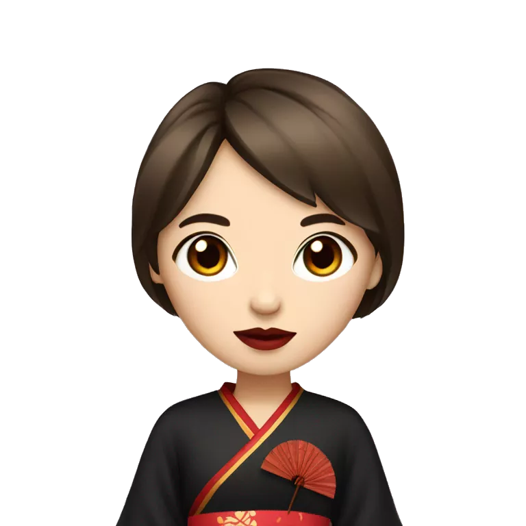 Girl with brown hair and brown eyes red lips wearing black with Chinese fan in hand