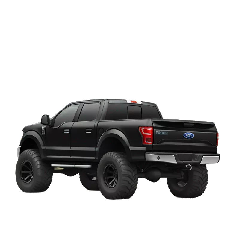 lifted black ford truck with boulder in the back another angle