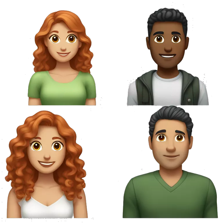 a woman with long curly red hair and light skin, wearing a green dress; and a man with short straight black hair, light brown skin, wearing a white shirt. Both should be smiling warmly and standing close together, embracing each other affectionately.