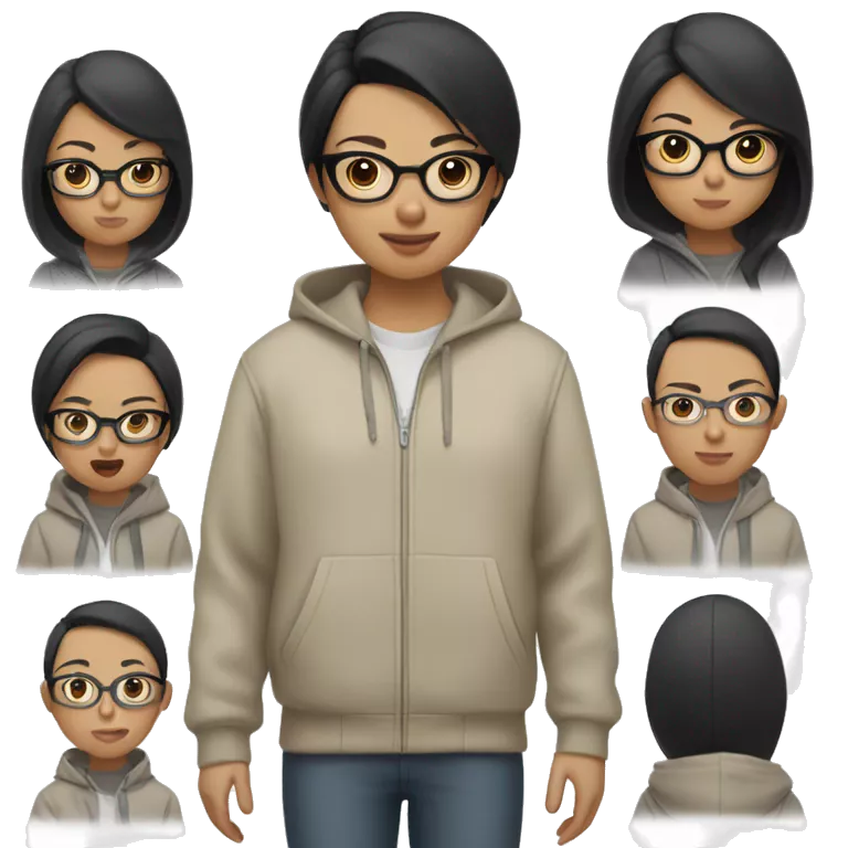 Asian girl with short, slicked, pitch-black hair and glasses wearing a grey zip-up hoodie and a beige jacket