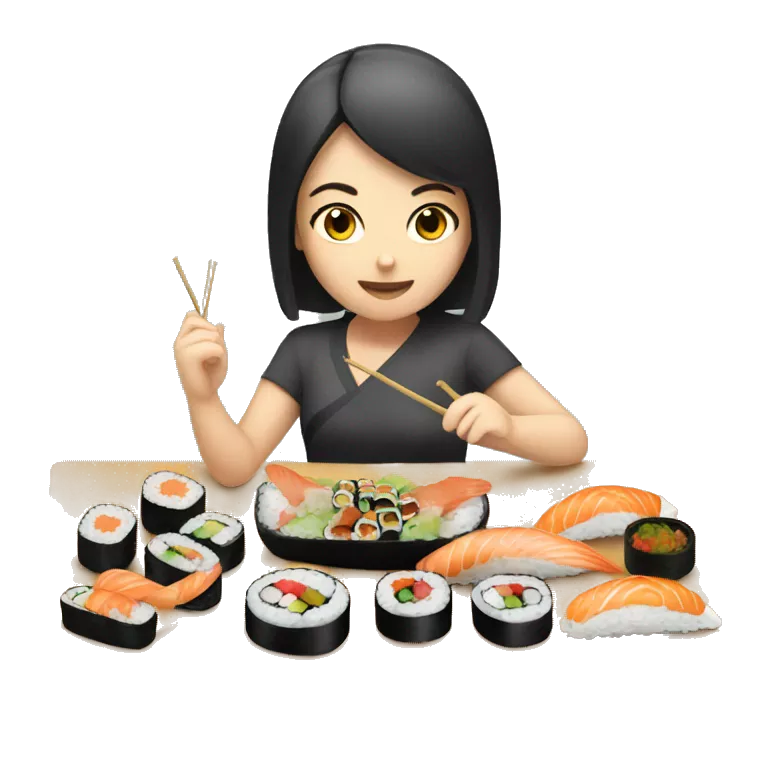 a girl eating a lot of sushi