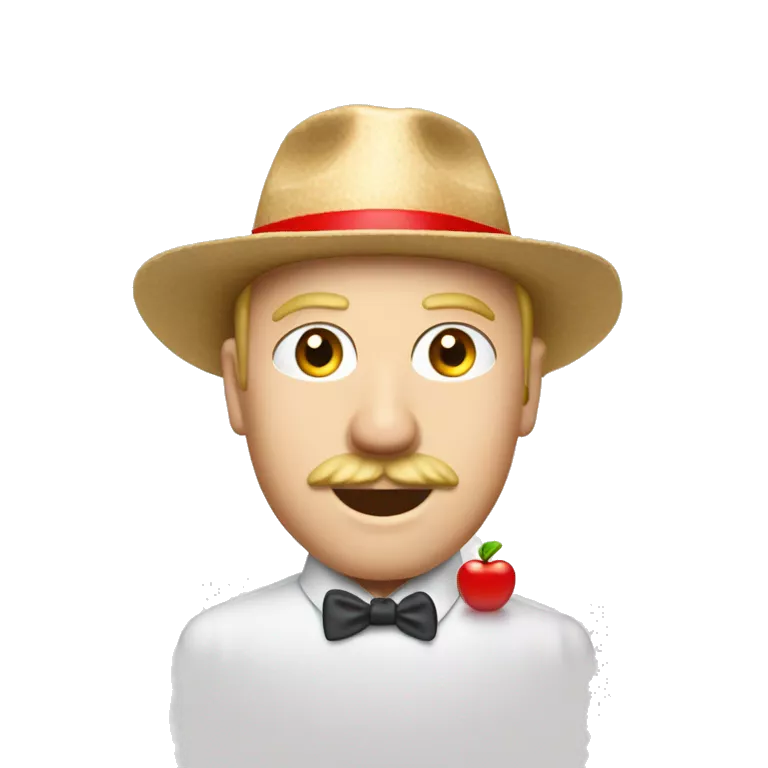 Un homme qu a la peau blanche des cheveux blonds un chapeau blanc avec  un contour rouge sur le haut il y a une pomme et une couronne des joux rouge