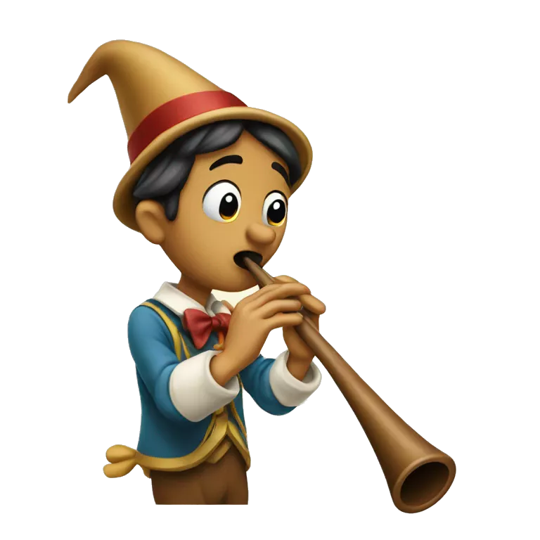 Pinocchio playing flute with his long wooden nose