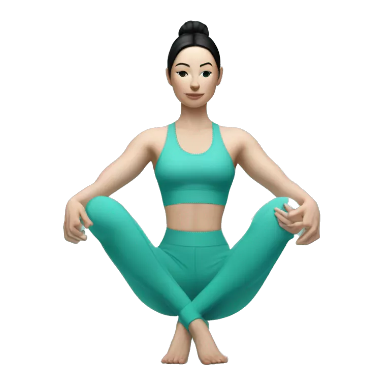 Pale skinned fit woman In a turquoise tight yoga suit and wristbands With black hair over her shoulders doing yoga