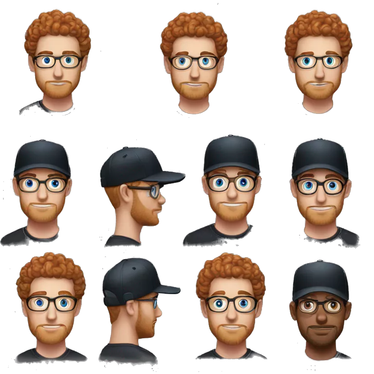 30 years old, male, red hair, curly hair, glasses, black baseball hat, blue eyes, pale complexion, stubble facial hair