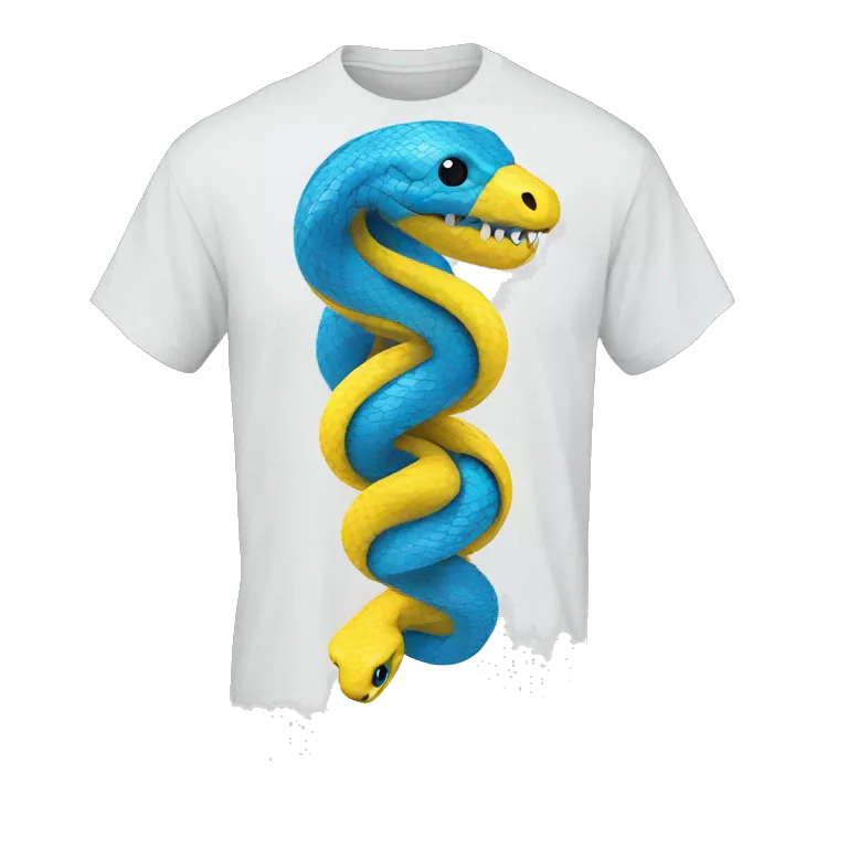 a t-shirt whith a blue python tangled with a yellow python evoking the python programming language logo