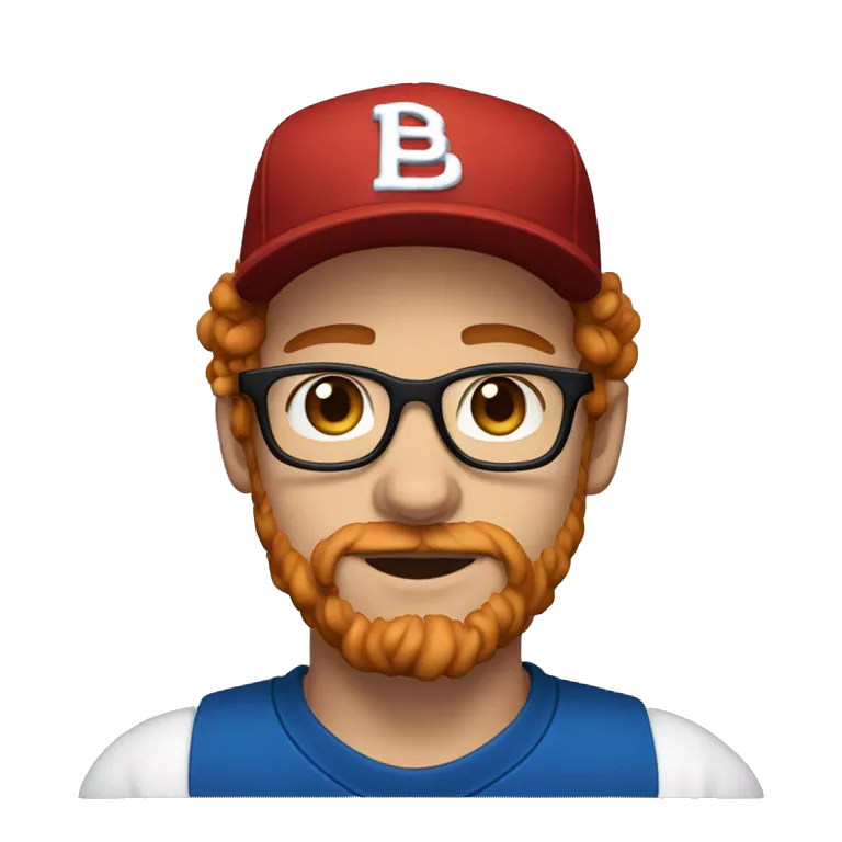 30 years old, male, red hair, curly hair, glasses, black baseball hat, blue eyes, pale complexion, stubble facial hair