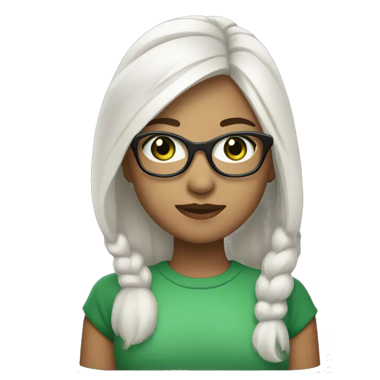 Girl with silver glasses, green eyes, shoulder light hair left side being white and right side being black
