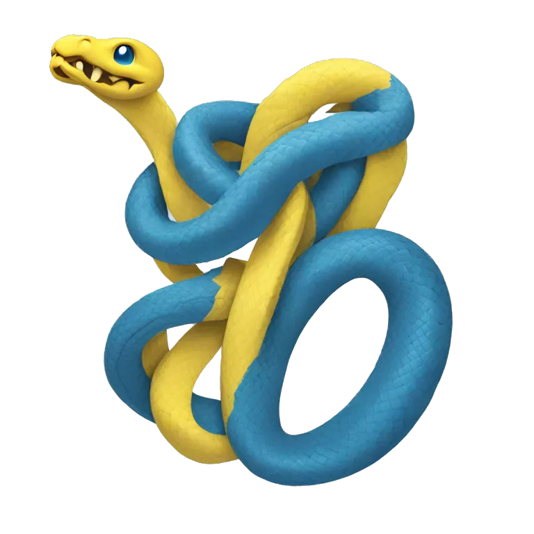 in a t-shirt a blue python tangled with a yellow python evoking the python programming language logo