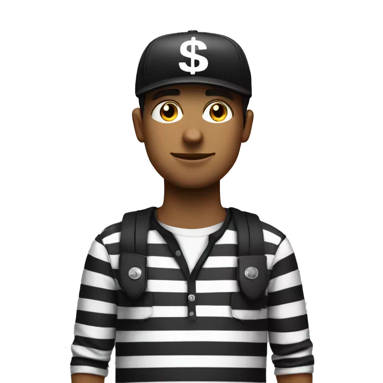 A man with striped black and white shirt a black cap and a black eye tag with a cash bag