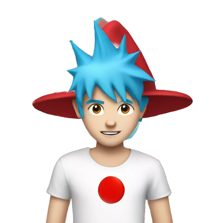 a white kid with cyan blue spiky hair with a red hat and a white shirt with a red circle in the middle and in the circle theres a red tilted line in it
