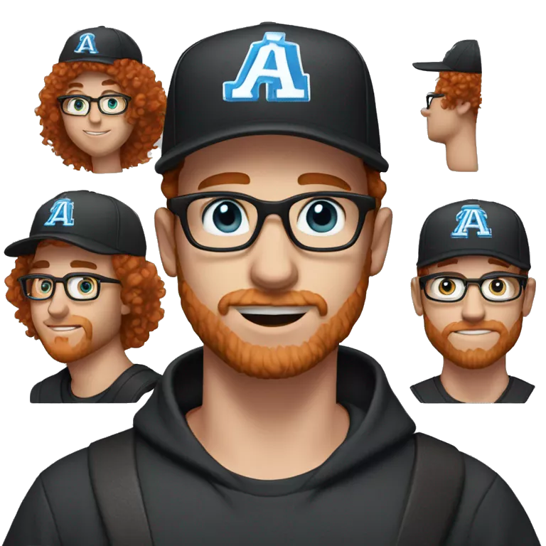 30 years old, male, red hair, curly hair, glasses, black baseball hat, blue eyes, pale complexion, stubble facial hair