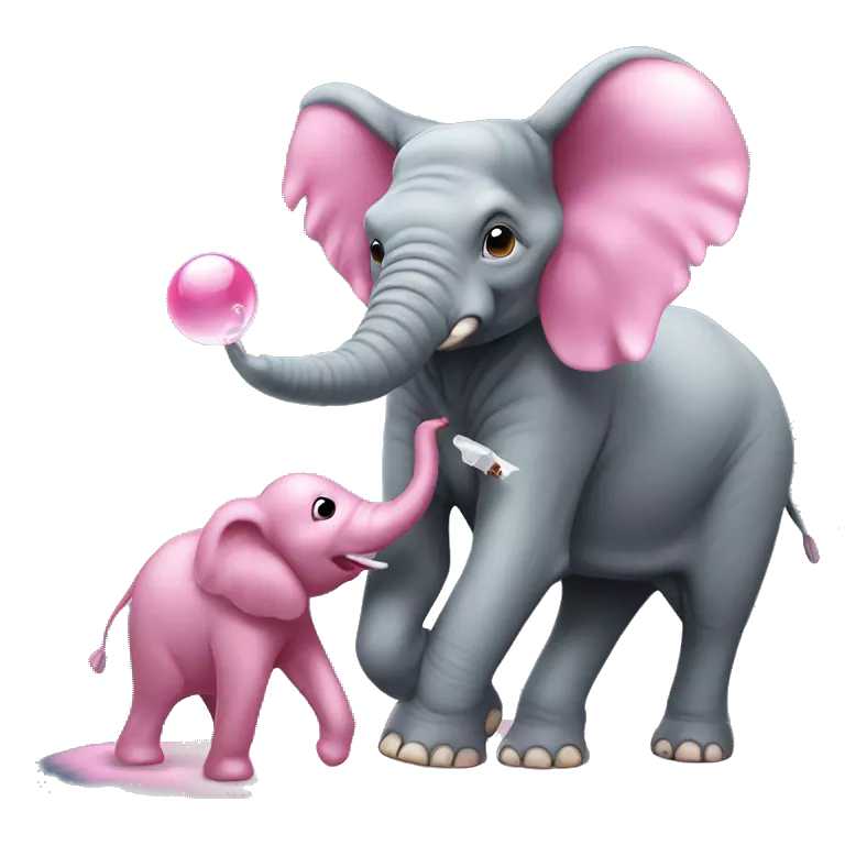 Elephant standing on an ant while blowing a big bubble of bubble gum