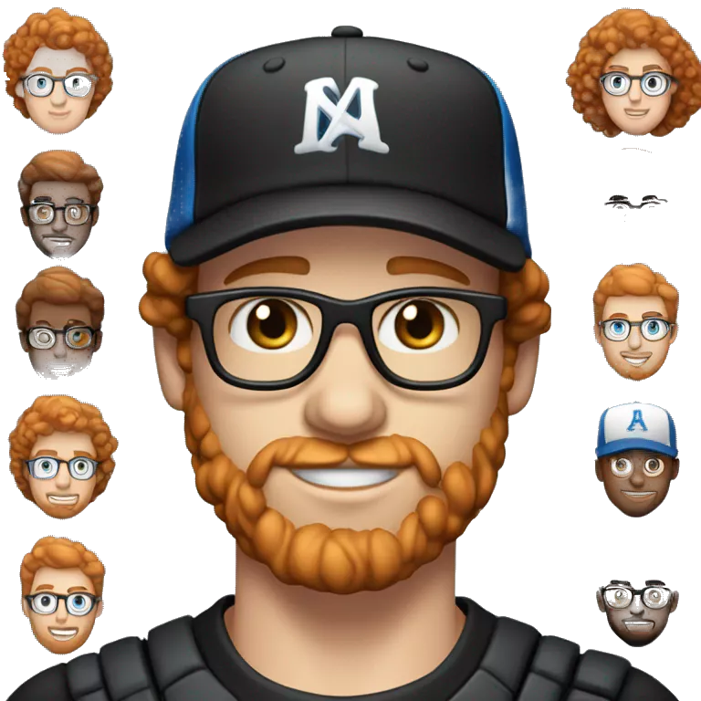 30 years old, male, red hair, curly hair, glasses, black baseball hat, blue eyes, pale complexion, stubble facial hair