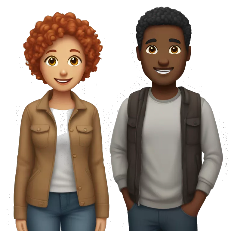 Create an emoji of a couple: a woman with curly red hair and a man with short straight black hair and dark brown skin. Both should be smiling warmly and standing close together, showing affection