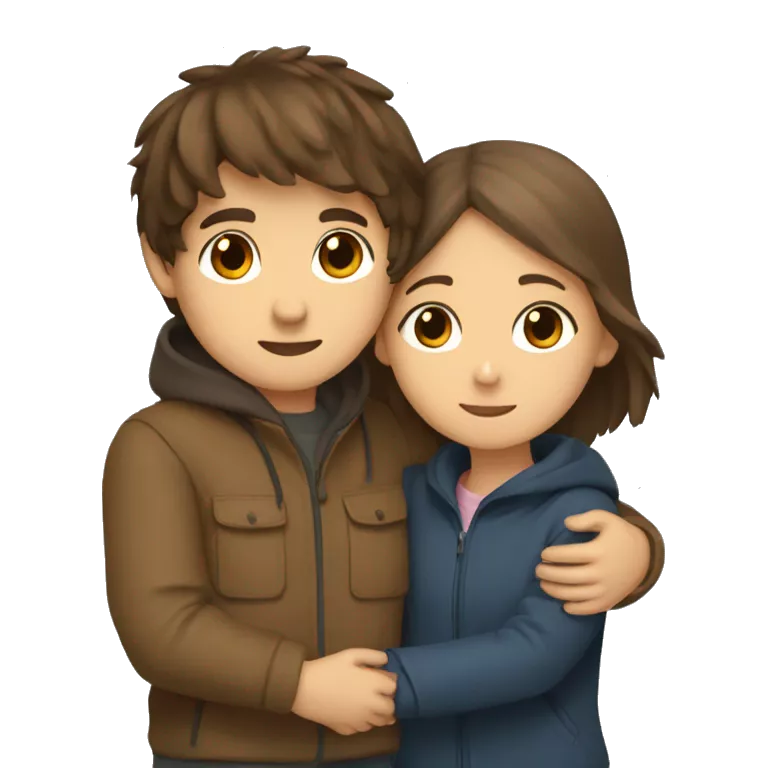 a young boy with brown hair and brown eyes in love hugging a thin girl with brown short straight hair and fringe with big brown eyes and a windbreaker on.