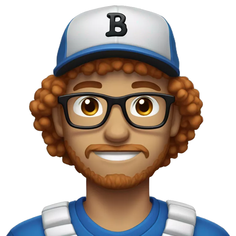30 years old, male, red hair, curly hair, glasses, black baseball hat, blue eyes, pale complexion, stubble facial hair